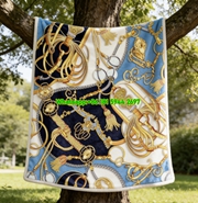 Versace Equestrian Gold Chain and Tassel Print Flannel Throw Blanket in Bright Blue and Navy Blue IMG_1597